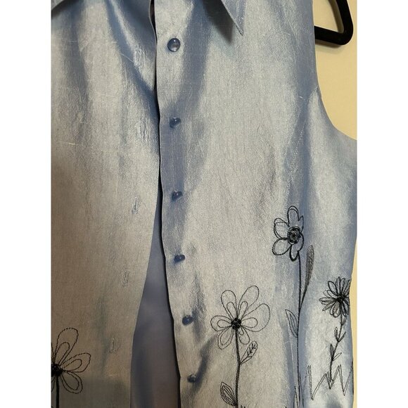 Vintage Y2K 100% Silk Women’s Medium Blouse Top Button Up Sleeveless Blue Floral - Picture 3 of 6